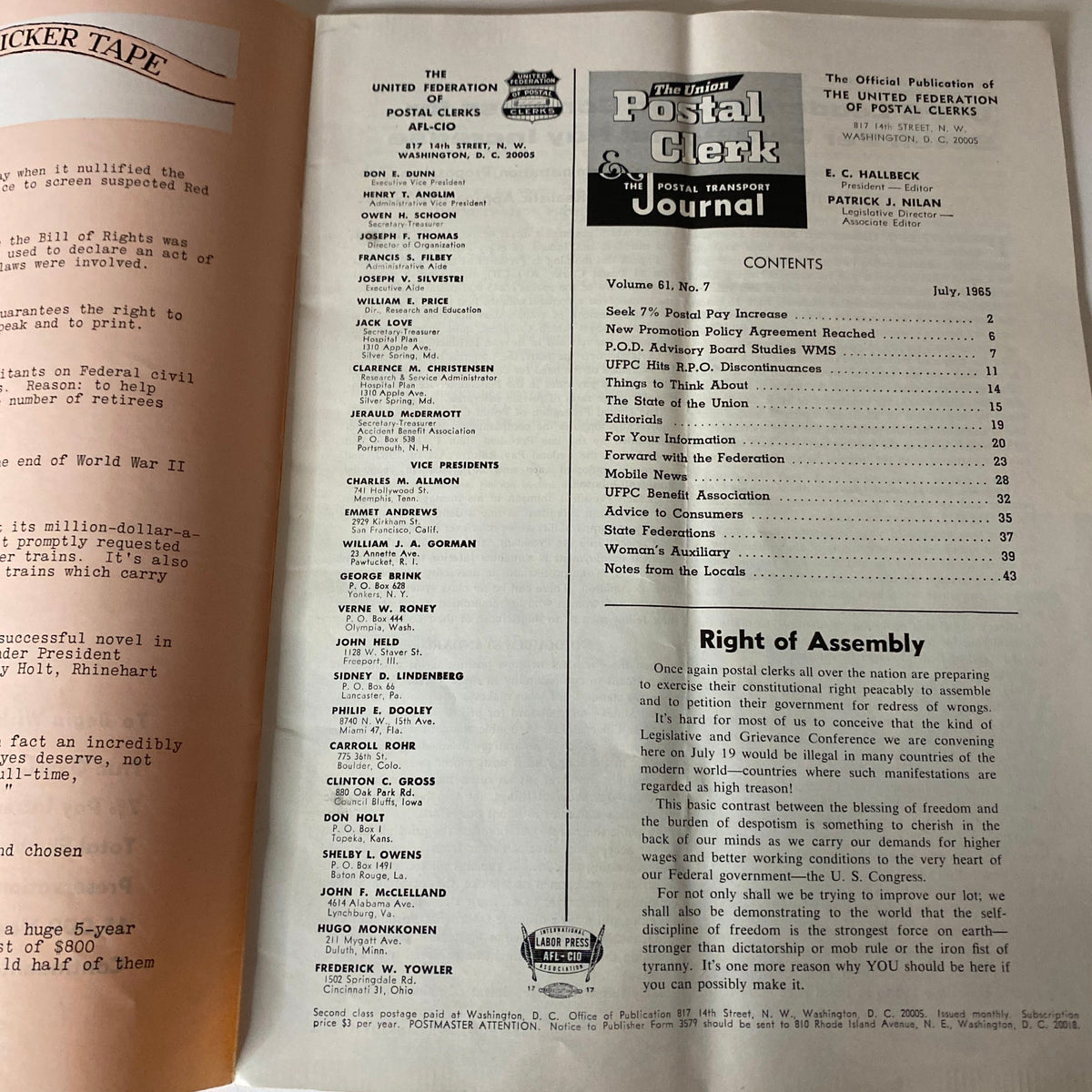 The Union Postal Clerk Journal July 1965 - Contents page featuring articles and legislative highlights from the UFPC Legislation & Grievance Conference.