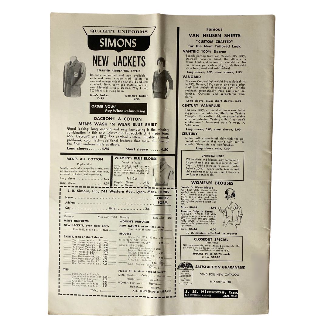 The Union Postal Clerk Journal July 1965 - Advertisements for Simons clothing, showcasing quality shirts and jackets, from the historical postal clerk journal.