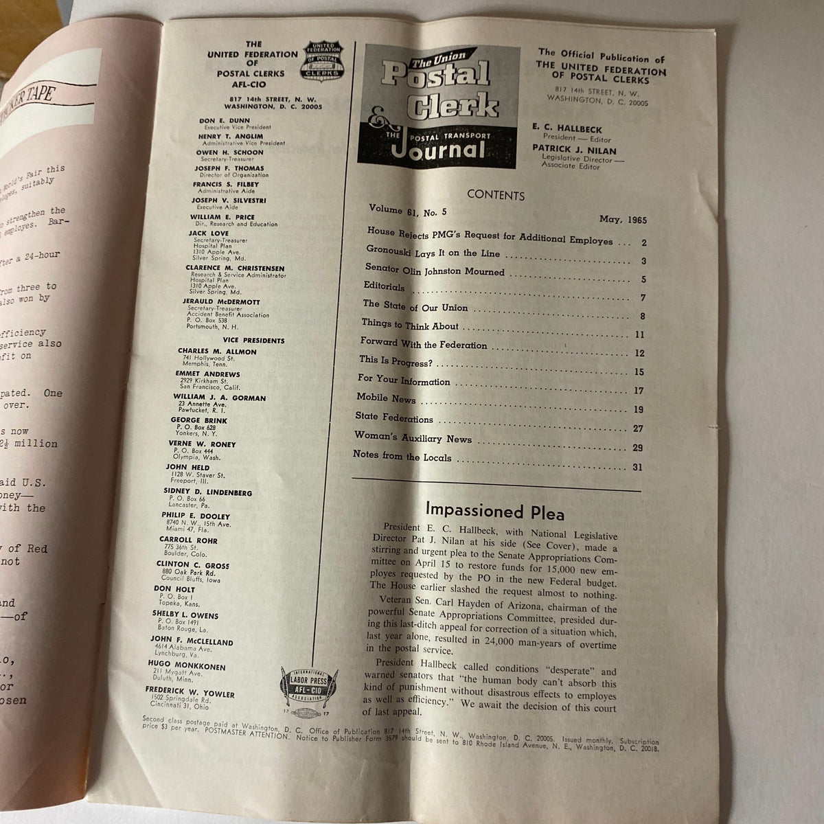 The Union Postal Clerk Journal May 1965, showcasing the contents page detailing articles and testimonies related to postal service challenges during that period.