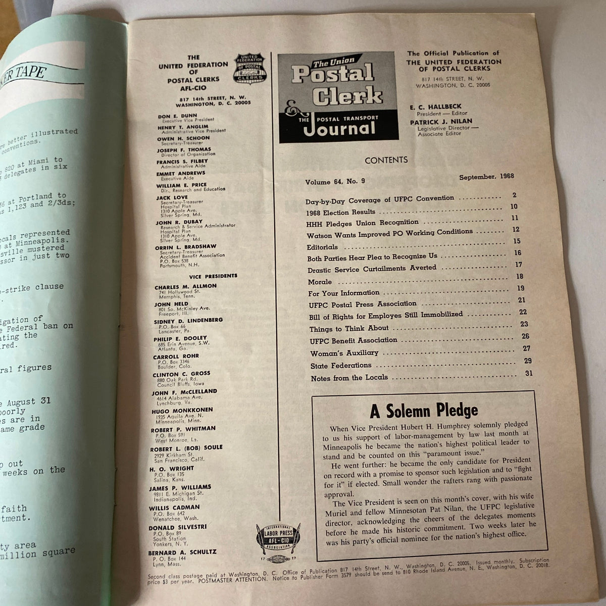 Union Postal Clerk Journal September 1968 cover page featuring contents and editorial information about the magazine, highlighting Vice President Hubert H. Humphrey.