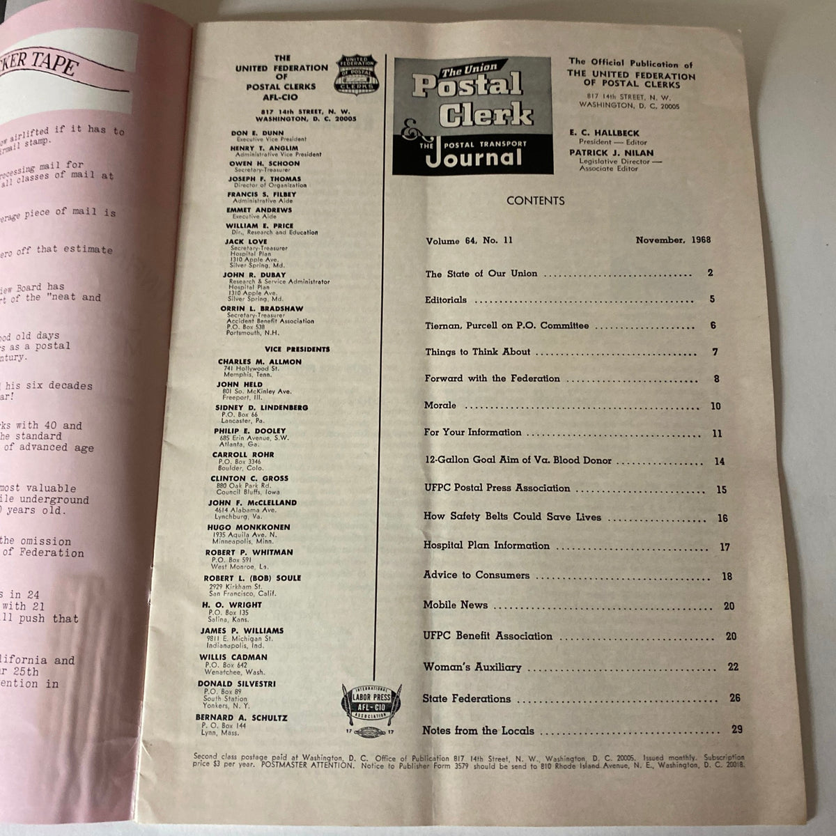 Contents page of The Union Postal Clerk Journal November 1968 outlining articles and topics discussed within.