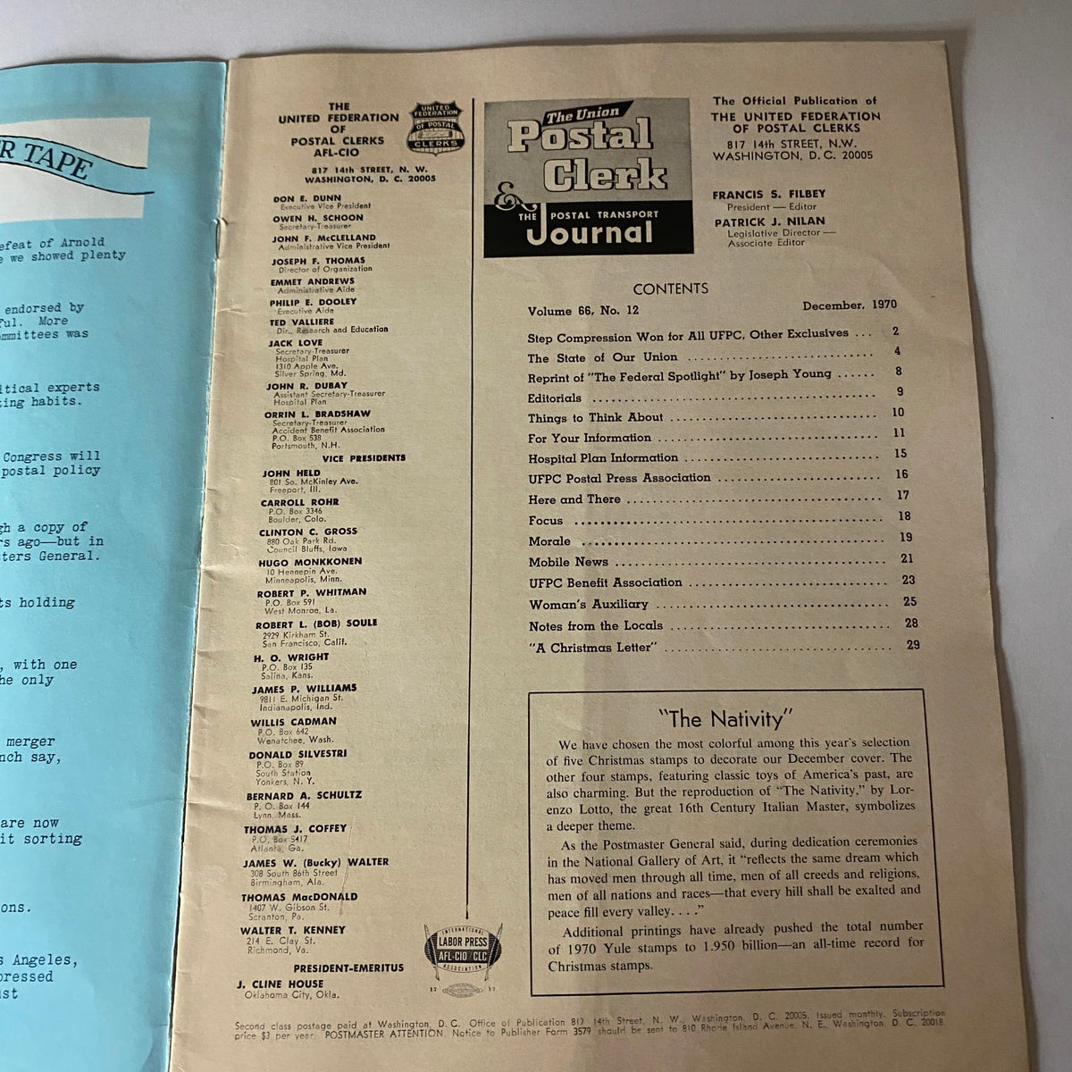 Interior page of The Union Postal Clerk Journal, December 1970, featuring contents including articles and highlights related to postal services.