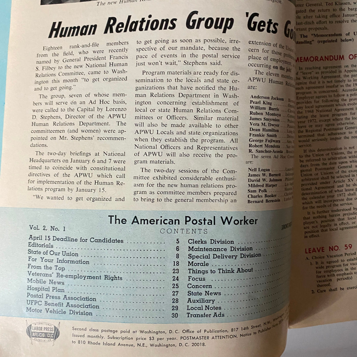 The American Postal Worker Magazine January 1972, inside page detailing the Human Relations Group initiatives and the magazine's content.