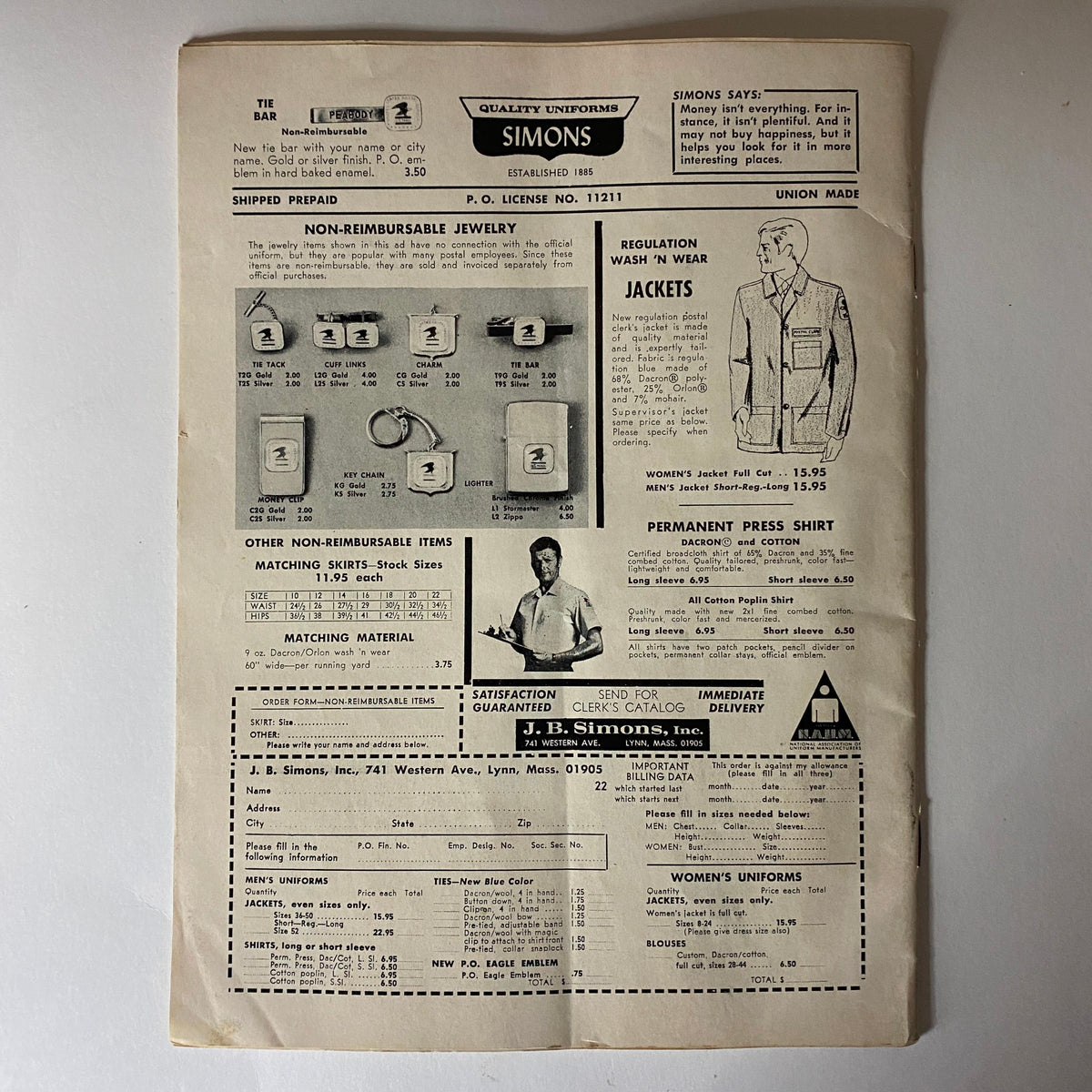 An advertisement for Simons Quality Uniforms, featuring various non-reimbursable jewelry items, jackets, and shirts, emphasizing the quality and satisfaction guarantee, related to The American Postal Worker Magazine February 1972.