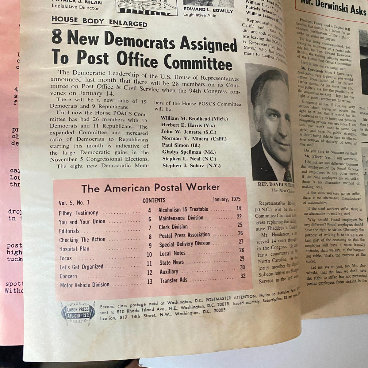 Interior page of The American Postal Worker Magazine January 1975, displaying an article about new Democrats assigned to the Post Office Committee alongside a photo of Congressman David R. Obey.