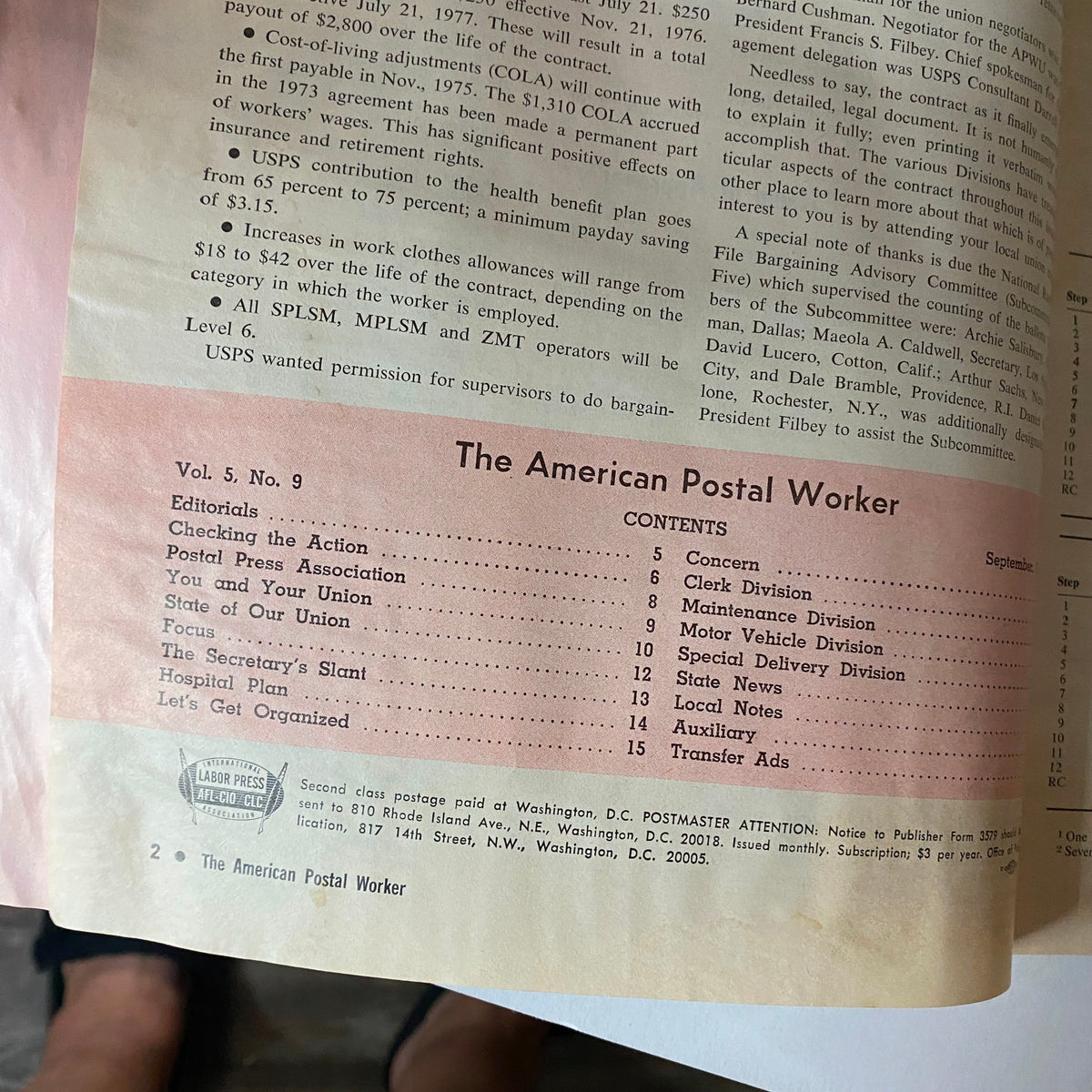 Contents page of The American Postal Worker Magazine September 1975, showcasing articles on postal workers' rights and labor movements, including a list of editorial topics.