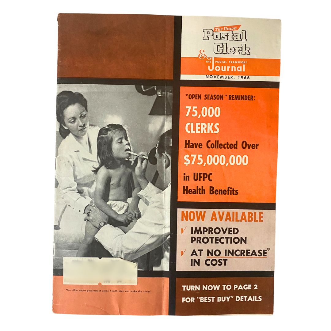 The Union Postal Clerk Journal November 1966 cover featuring a doctor examining a child, highlighting the Open Season Health Plan with a reminder about health benefits for clerks.