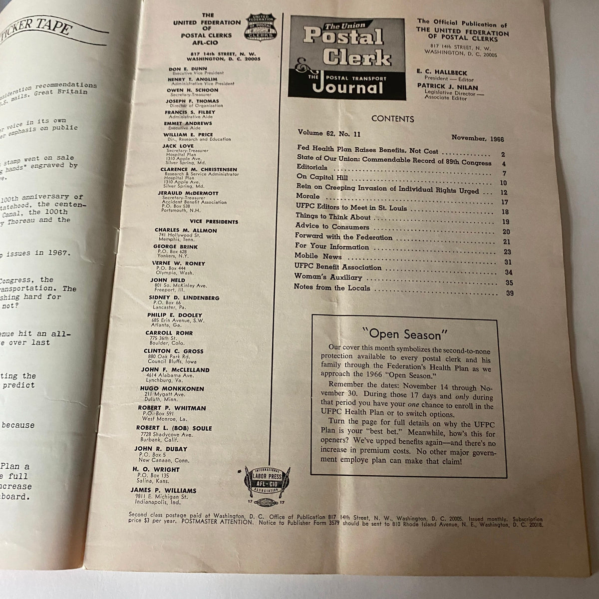 Inside page of The Union Postal Clerk Journal November 1966 displaying the table of contents, outlining articles related to postal employees and health benefits.