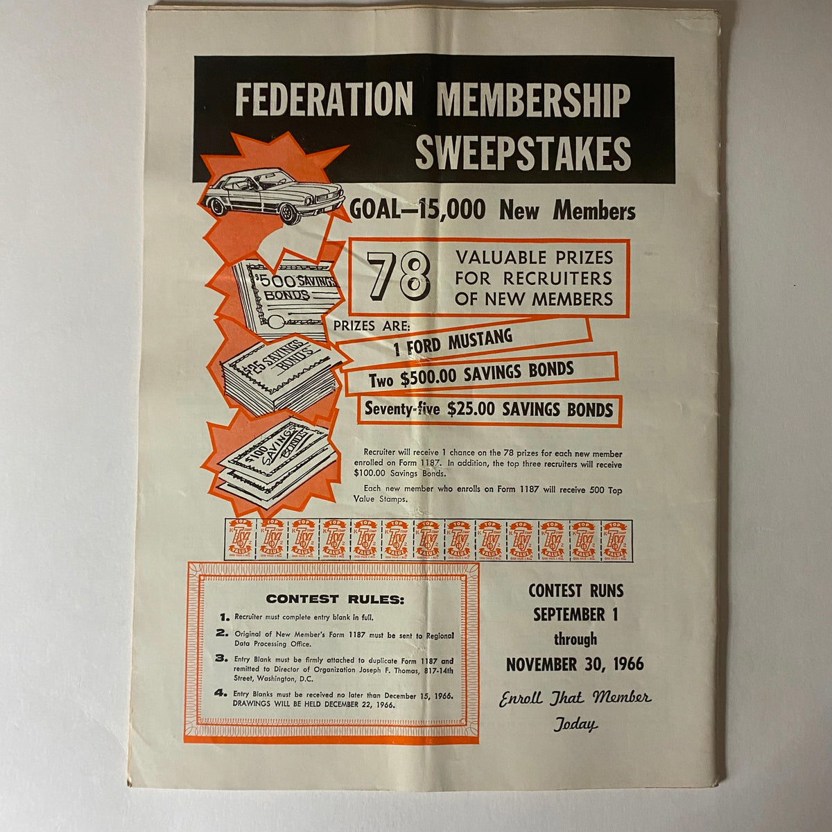 Promotional page from The Union Postal Clerk Journal November 1966 announcing the Federation Membership Sweepstakes with prizes including a Ford Mustang and savings bonds.
