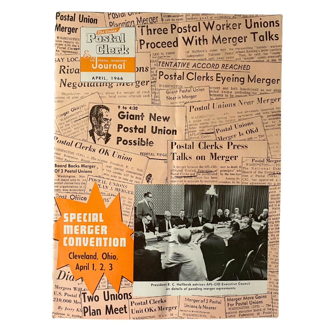 Cover of The Union Postal Clerk Journal from April 1966 featuring the Special Merger Convention in Cleveland, Ohio, with headlines and images highlighting postal worker union discussions.