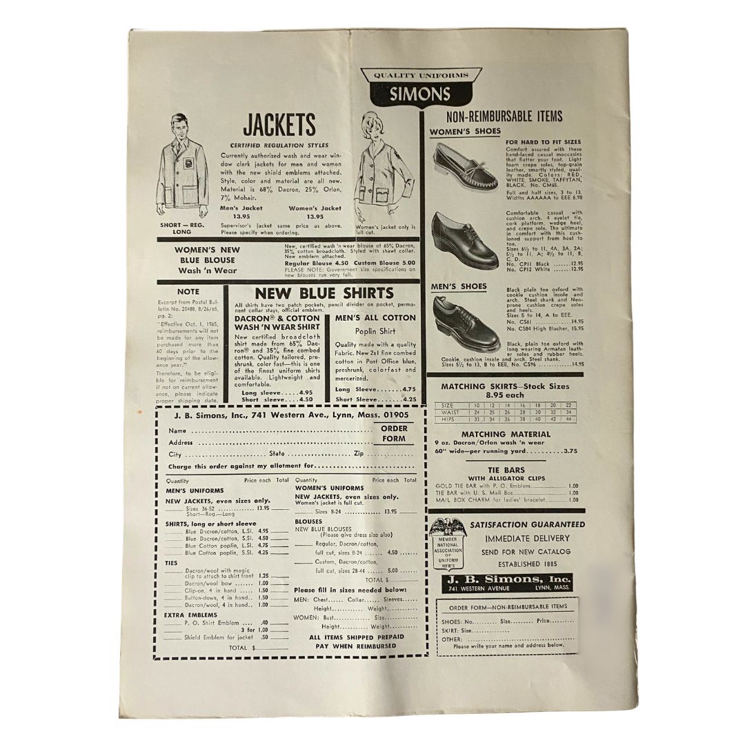 Advertisement page from The Union Postal Clerk Journal April 1966 showcasing products like jackets and shirts, highlighting the trade's merchandise related to postal workers.