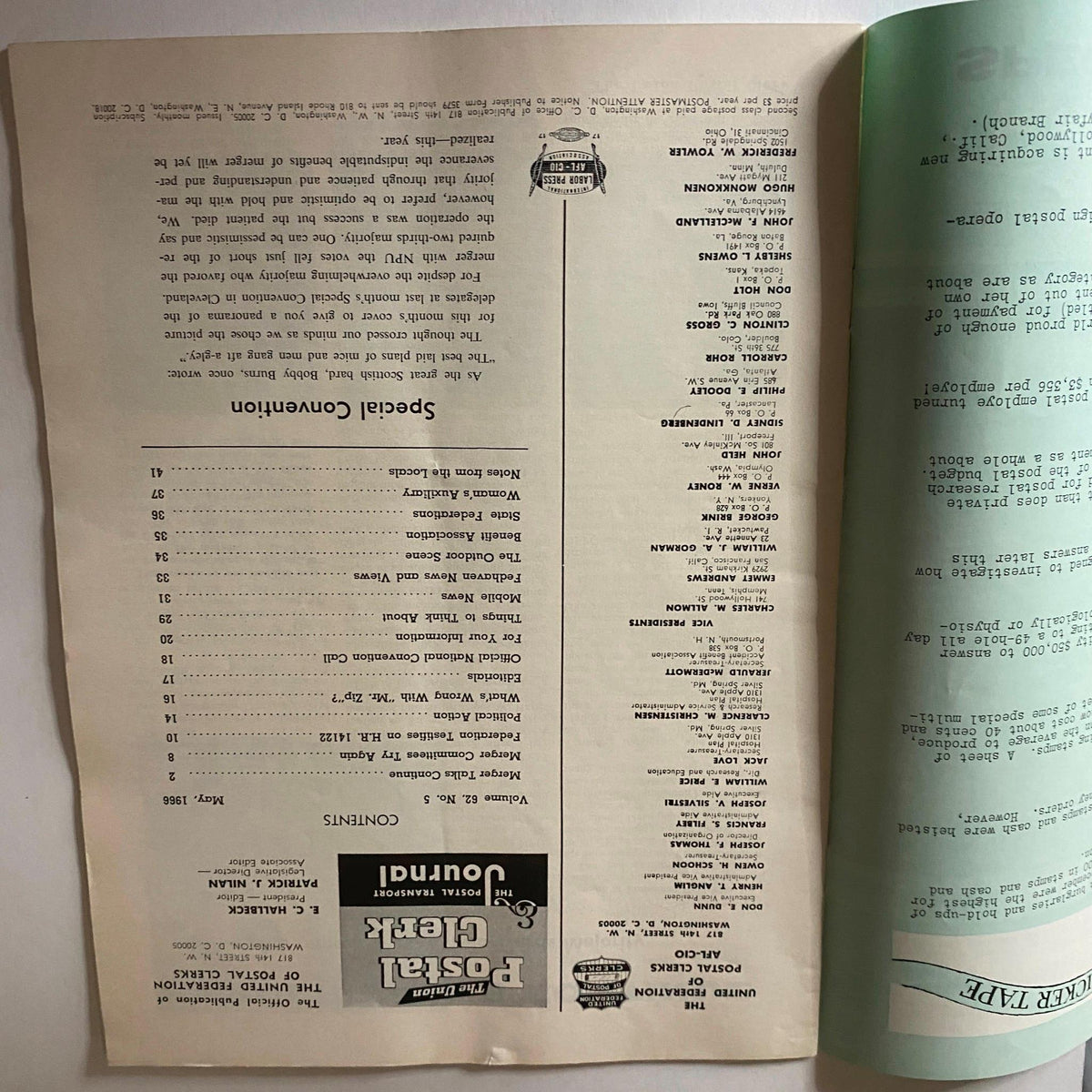Inside page of the Union Postal Clerk Journal from May 1966 displaying contents and featured discussions from the Special Convention.