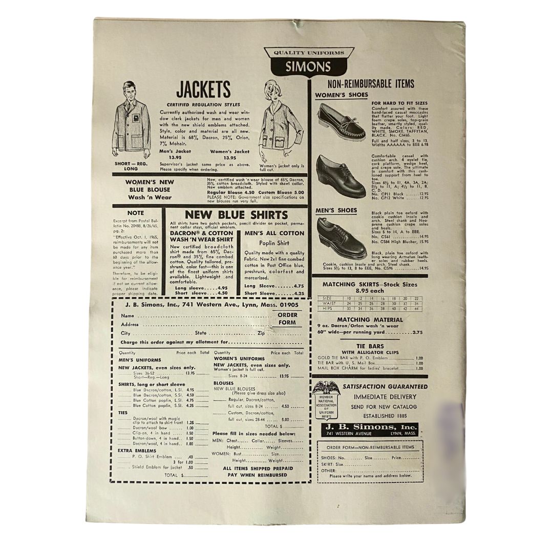 Vintage advertisement featuring clothing items including jackets, shirts, and shoes. Document from 'Simons Quality Merchandise' showcasing various apparel styles, including a section labeled 'New Blue Shirts'. Part of the Union Postal Clerk Journal May 1966 report.