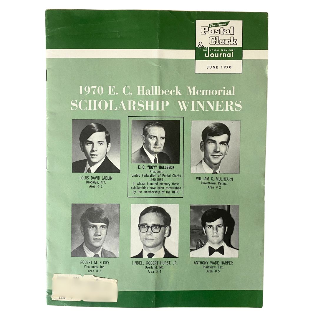 Cover of The Union Postal Clerk Journal June 1970 featuring the E.C. Hallbeck Memorial Scholar Winners with photographs of the recipients including E.C. Hallbeck and others.