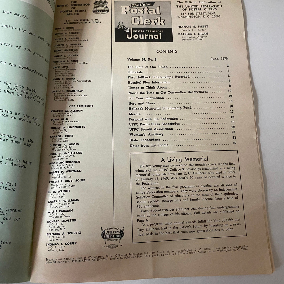 Table of Contents from The Union Postal Clerk Journal June 1970 detailing scholarship awards and other features within the publication.
