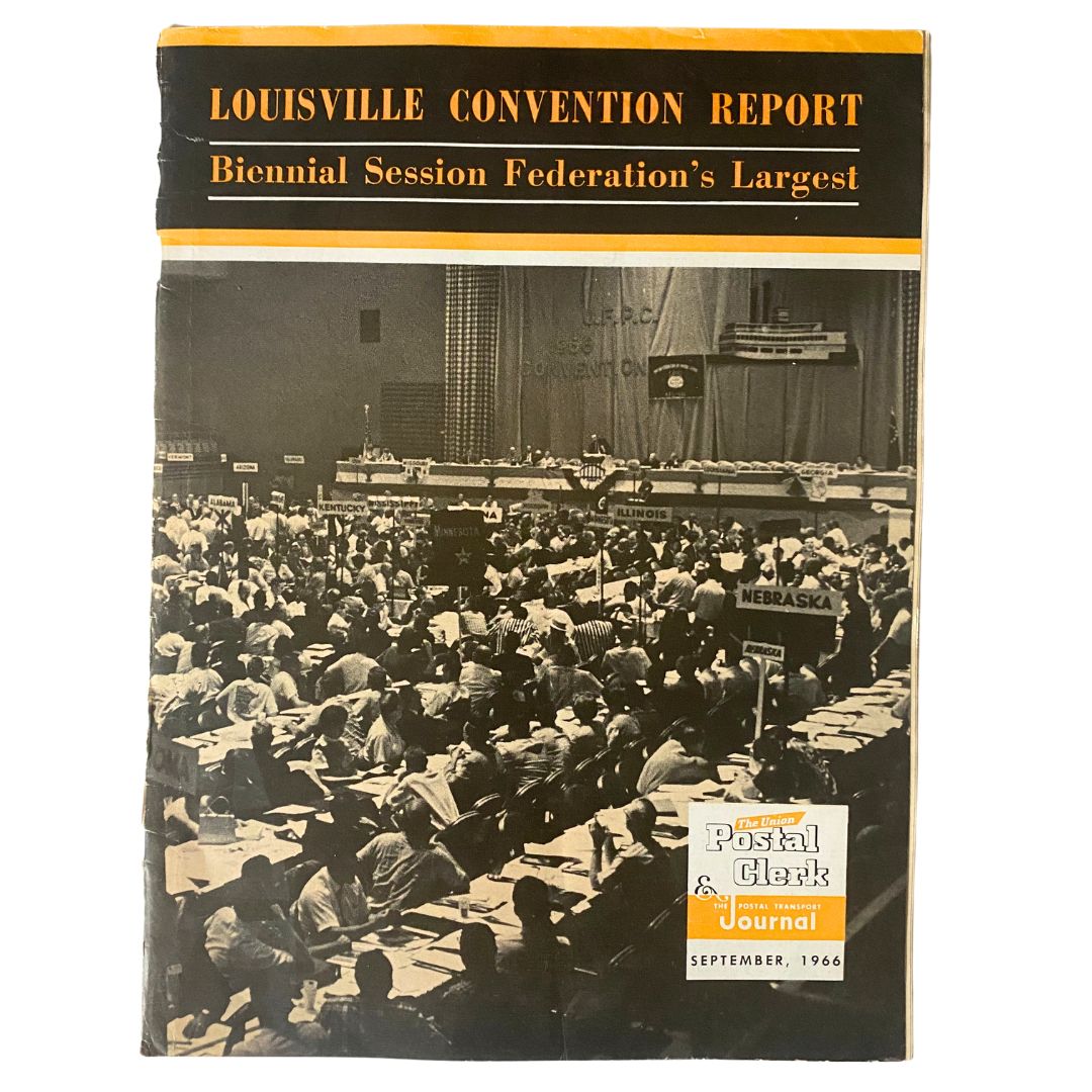 Cover of The Union Postal Clerk Journal September 1966 Louisville Convention Report featuring a large gathering at the Biennial Session with postal clerks in attendance.