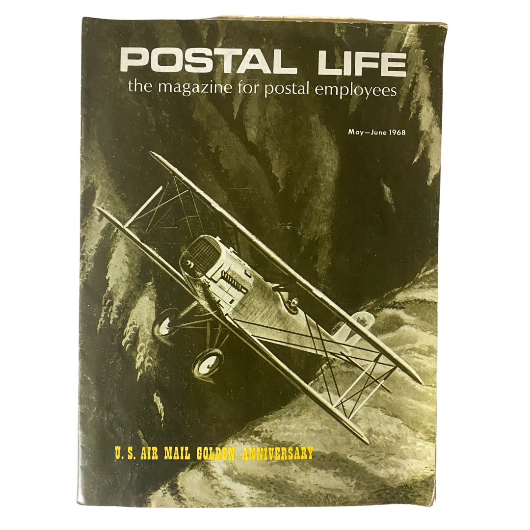 Vintage Postal Life Magazine cover from May - June 1968 featuring the U.S. Air Mail Golden Anniversary with an illustration of an early aircraft flying above mountains.