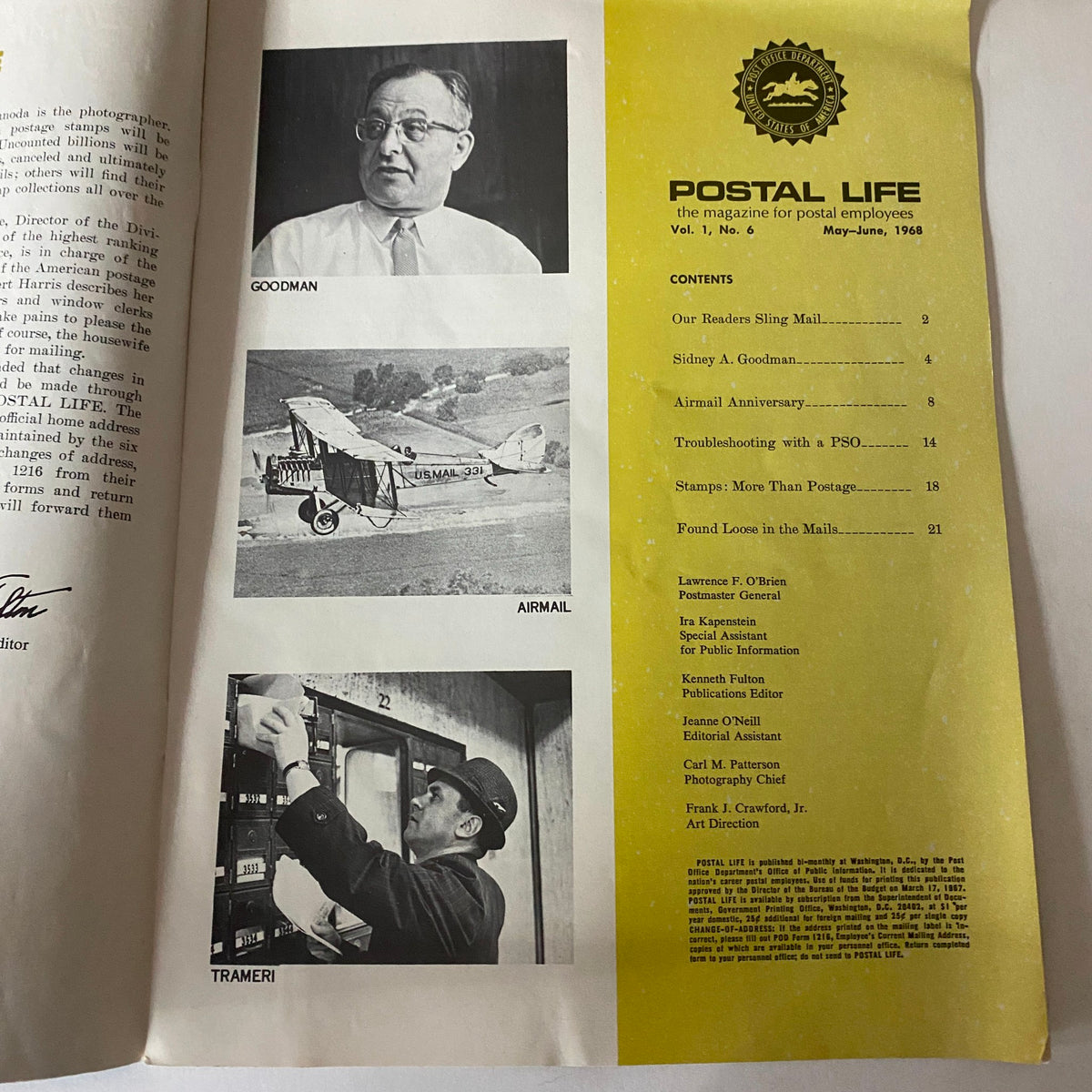 Inside page of the Vintage Postal Life Magazine from May - June 1968 showcasing articles including Airmail Anniversary and featuring historical images related to postal services.