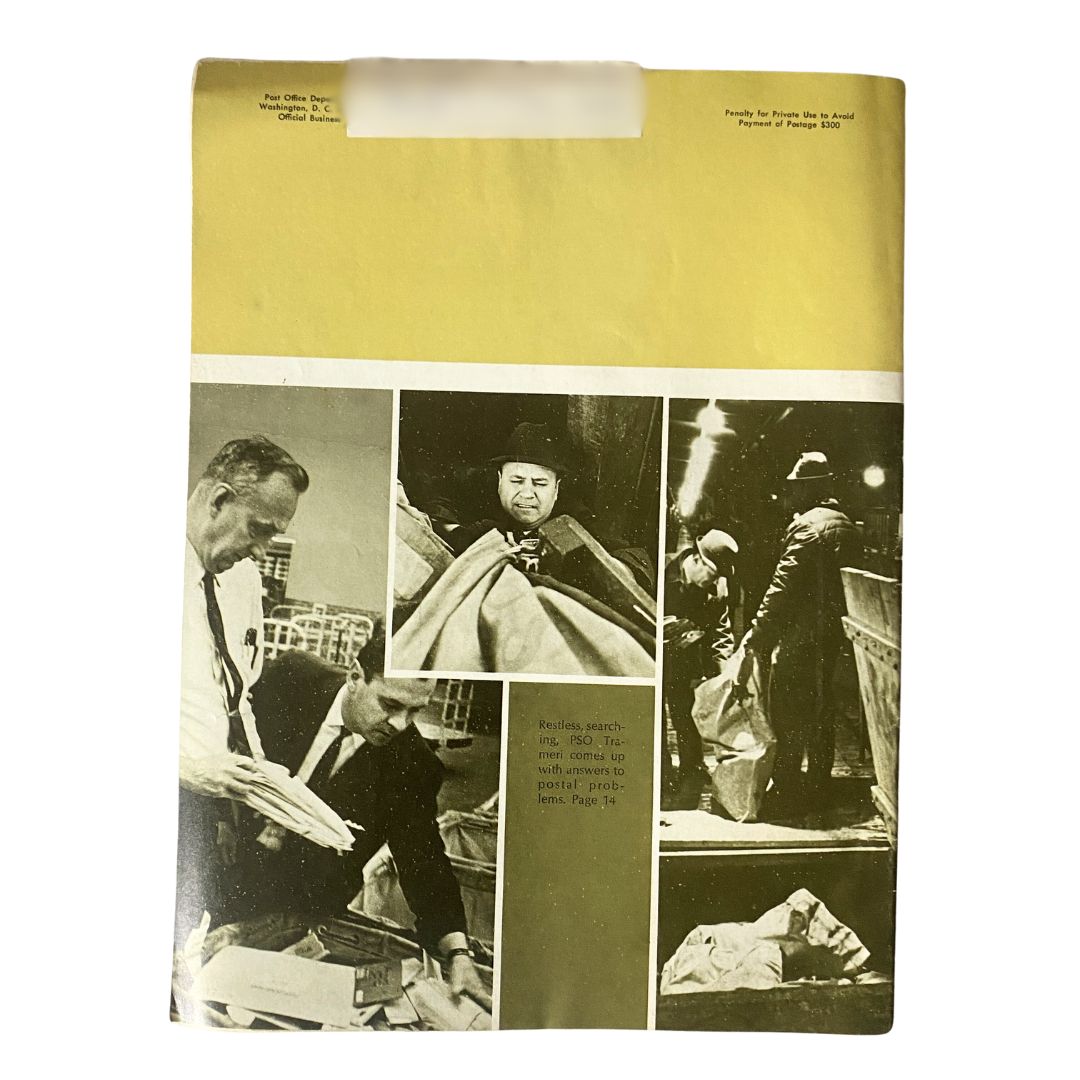 Back cover of the Vintage Postal Life Magazine from May - June 1968 displaying various historical contexts of postal employees at work.