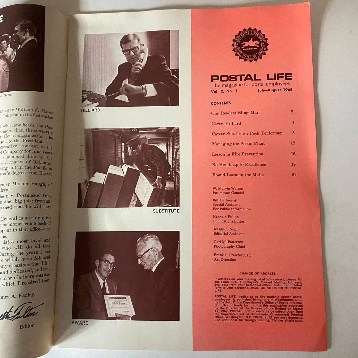 Inside page of VTG Postal Life Magazine July - August 1968, displaying contents including articles and images related to postal workers and their careers.