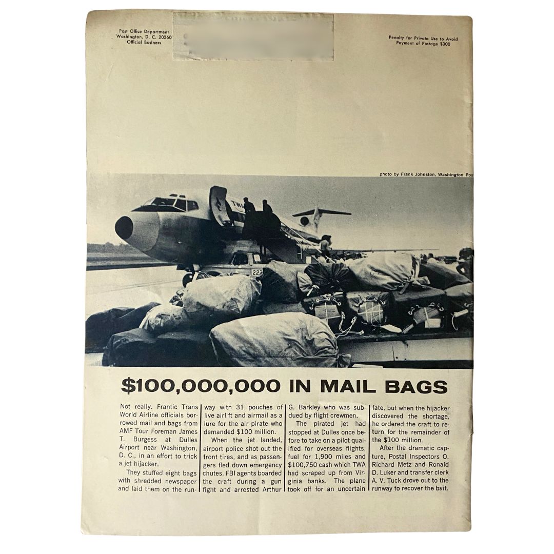 Back page of the VTG Postal Life Magazine July - August 1970 showcasing an article about a dramatic hijacking incident involving mail bags.
