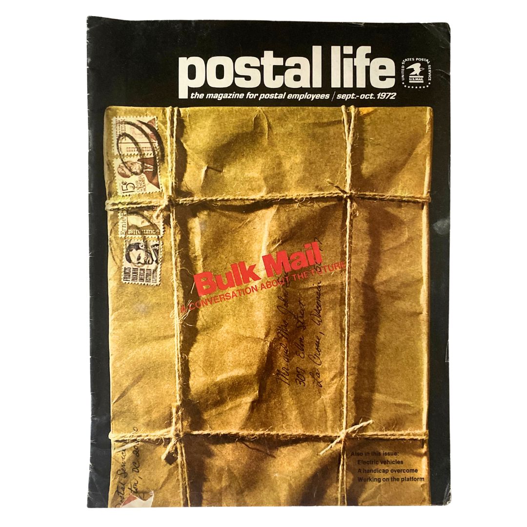 VTG Postal Life Magazine September - October 1972 cover featuring 'Bulk Mail' theme with postal imagery and vintage design elements.