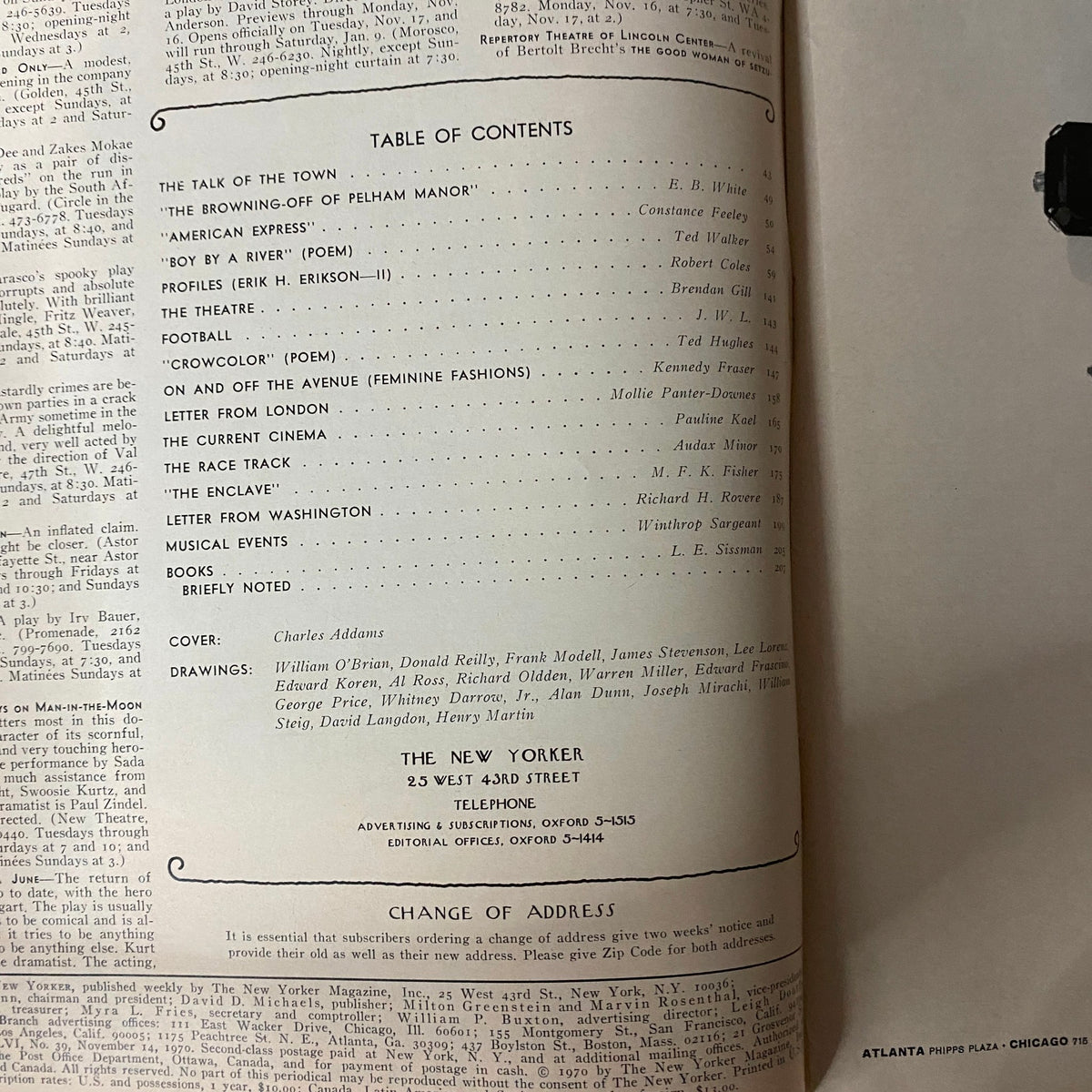 Table of contents from The New Yorker Full Magazine November 14 1970, detailing featured articles and authors alongside Charles Addams' cover illustration.