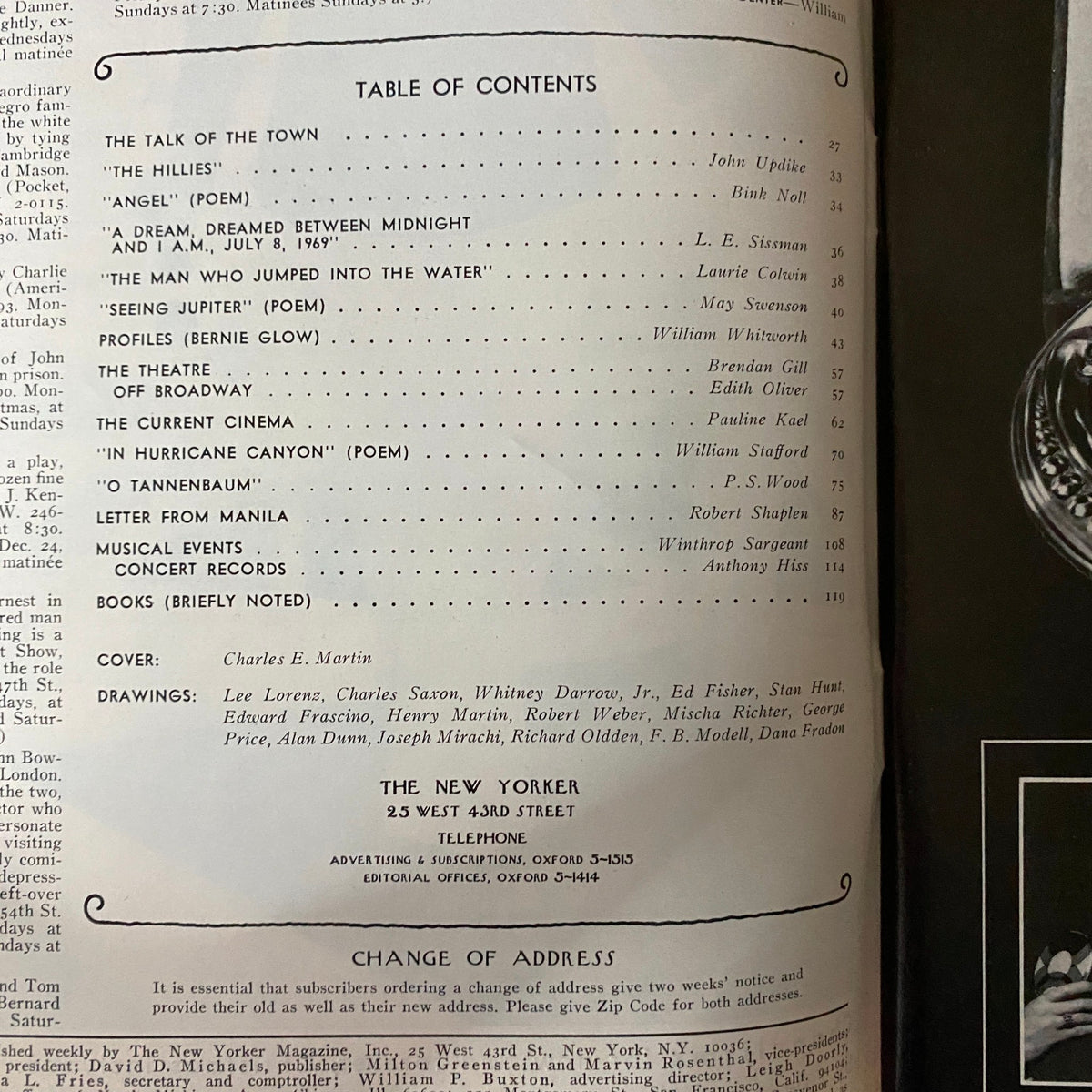 Inside the New Yorker Full Magazine December 20 1969, a detailed table of contents listing various articles and features, highlighting cultural insights and literary contributions from notable authors.