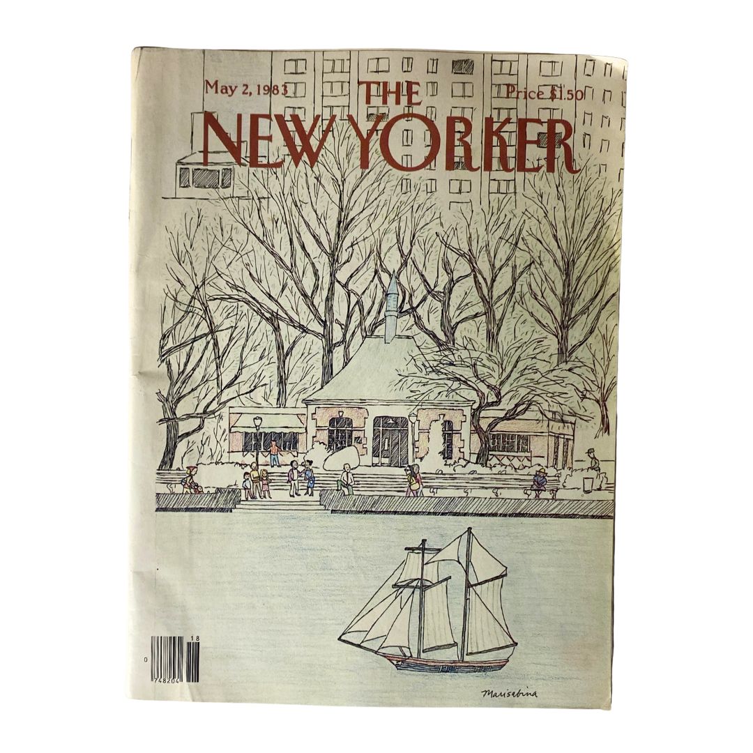 Cover of The New Yorker Full Magazine May 2, 1983 featuring artwork by Marisabina Russo, depicting a serene scene with a ship and trees.