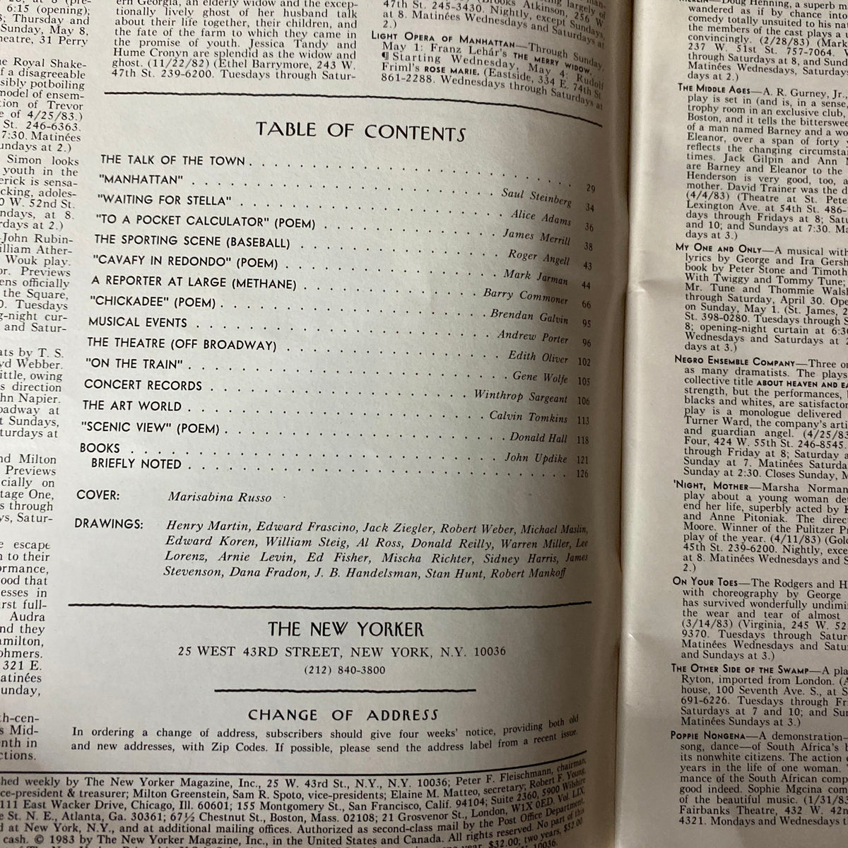 Table of contents page from The New Yorker Full Magazine May 2, 1983, listing featured articles and illustrations, including the cover art by Marisabina Russo.