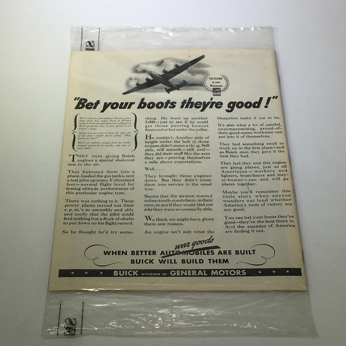 Vintage advertisement from Time Magazine, May 14, 1945, featuring Buick engines and aviation, titled 'Bet your boots they’re good!' showcasing automobile technology during World War II.