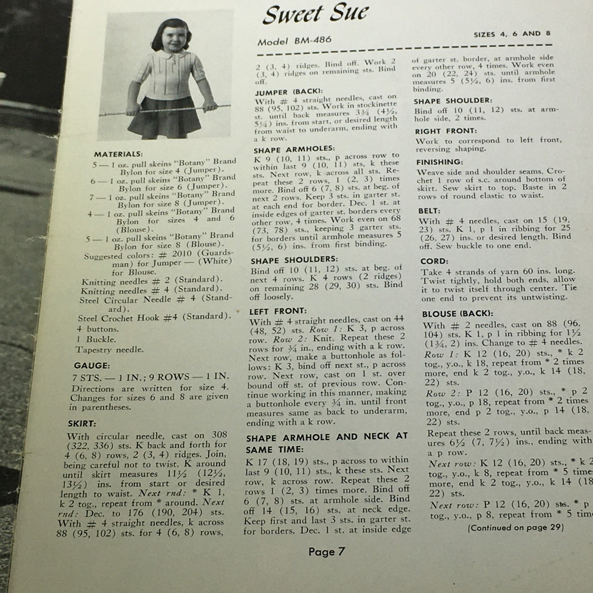 VTG 1950 Sweet Sue Knitting Catalog page showing a girl in a cute knitted outfit, illustrating sizes 4, 6, and 8.