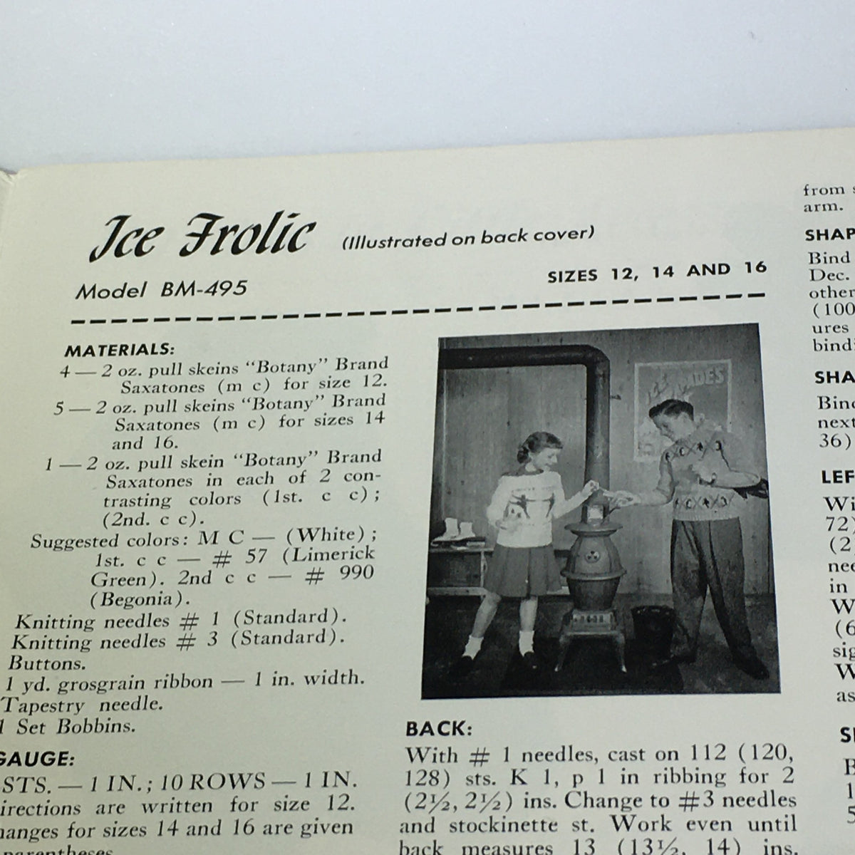 VTG 1950 Sweet Sue Knitting Catalog page with the Ice Frolic pattern, displaying girls in knitted attire and sizes 12, 14, and 16.
