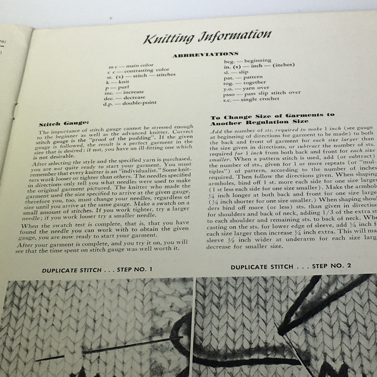 Knitting information page from the VTG 1950 Sweet Sue Knitting Catalog, featuring abbreviations, stitch gauge, and instructions for garment size adjustments.