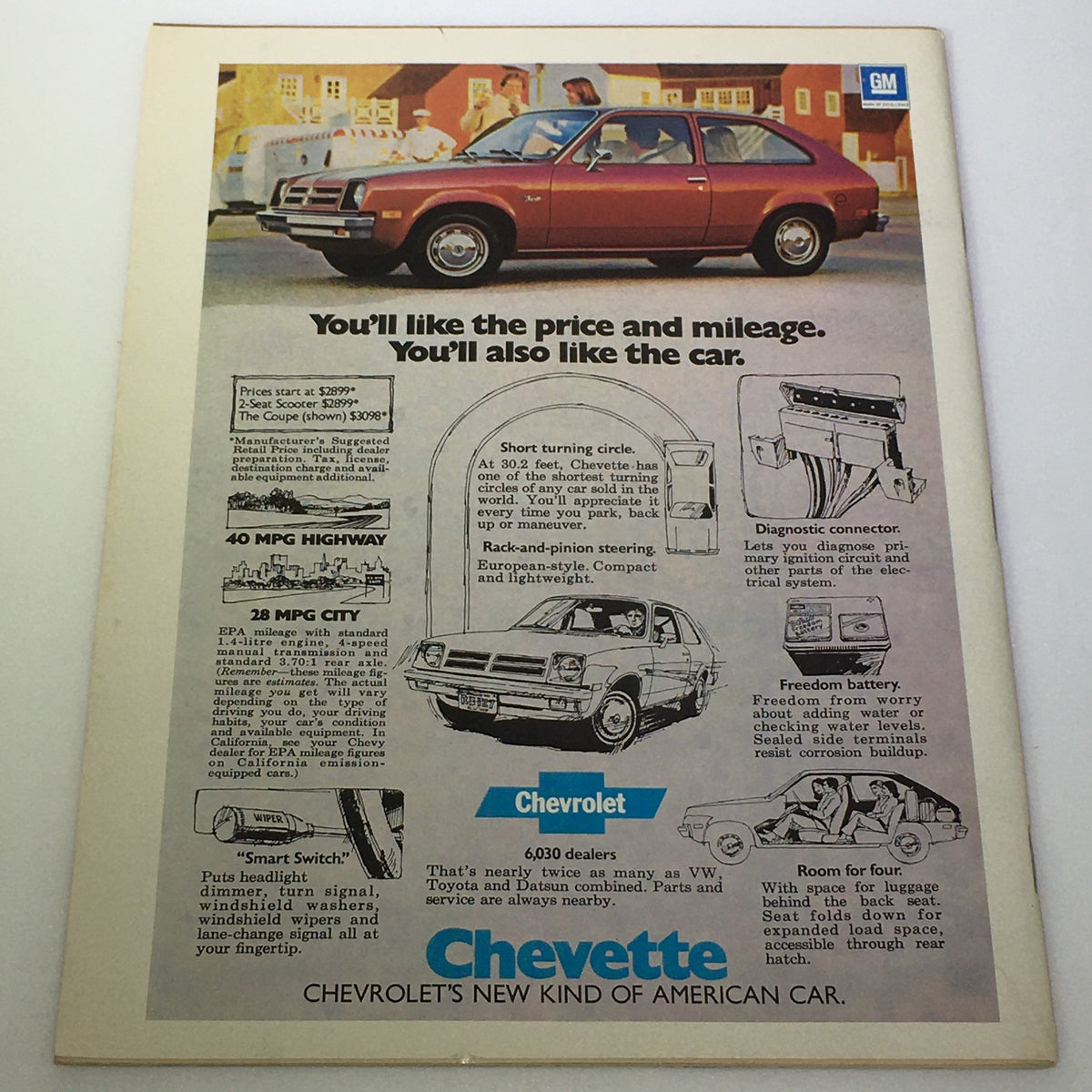 Vintage advertisement for Chevrolet Chevette showcasing features like mileage and design, promoting the vehicle's affordability and American engineering.