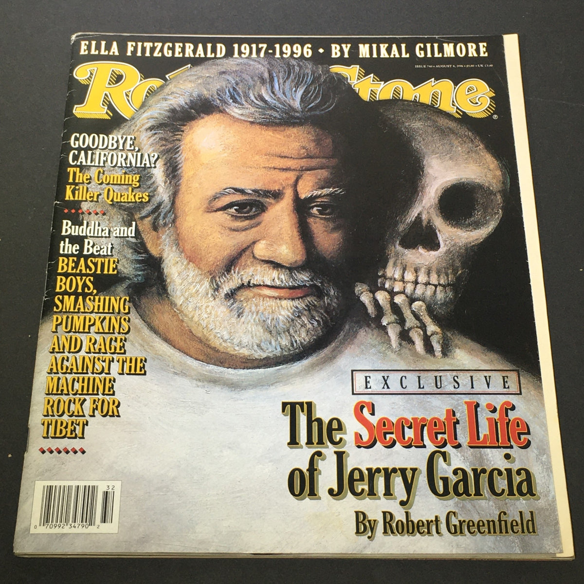 VTG Rolling Stone Magazine from August 8, 1996 featuring the cover story 'The Secret Life of Jerry Garcia' with a portrait of Jerry Garcia and a skull illustration. This collectible edition explores the legacy of the Grateful Dead frontman.