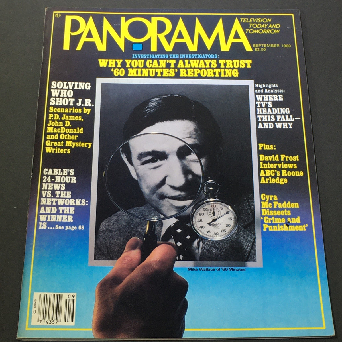 Cover of VTG Panorama The TV Magazine September 1980 featuring Mike Wallace of '60 Minutes', showcasing a magnifying glass and a stopwatch, with articles about television journalism and media analysis.