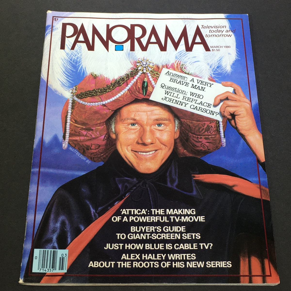 Cover of VTG Panorama TV Magazine March 1980 featuring Johnny Carson in a humorous costume, with text about Alex Haley's series and television insights.