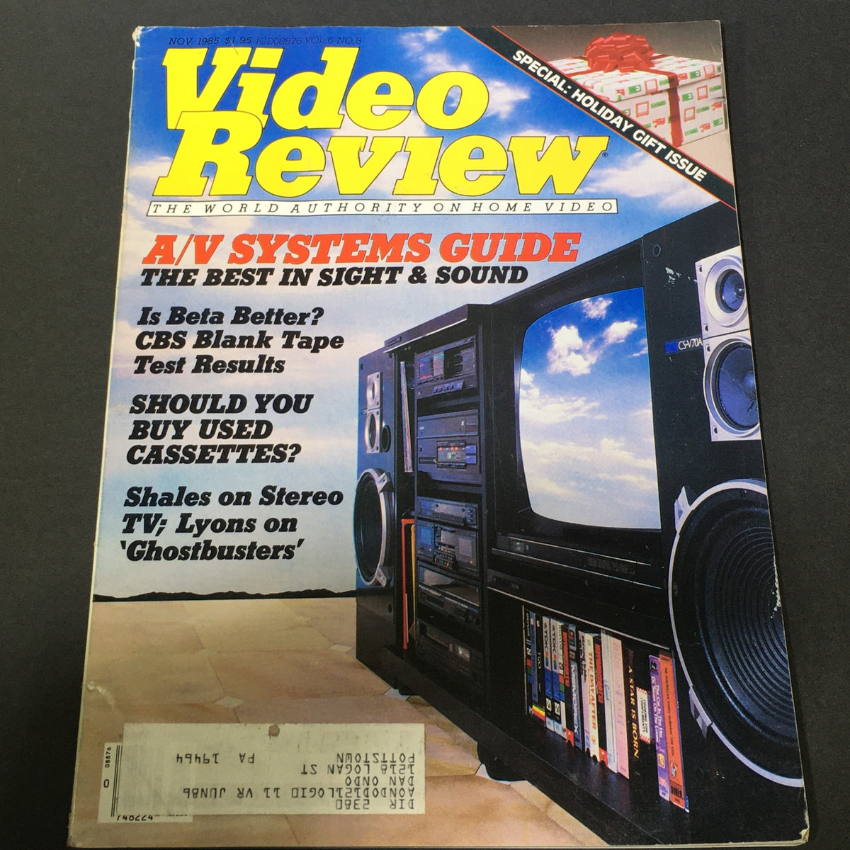 VTG Video Review Magazine November 1985 cover featuring a comprehensive A/V systems guide and articles on video, showcasing a significant pop culture moment with emphasis on audio and television dynamics.
