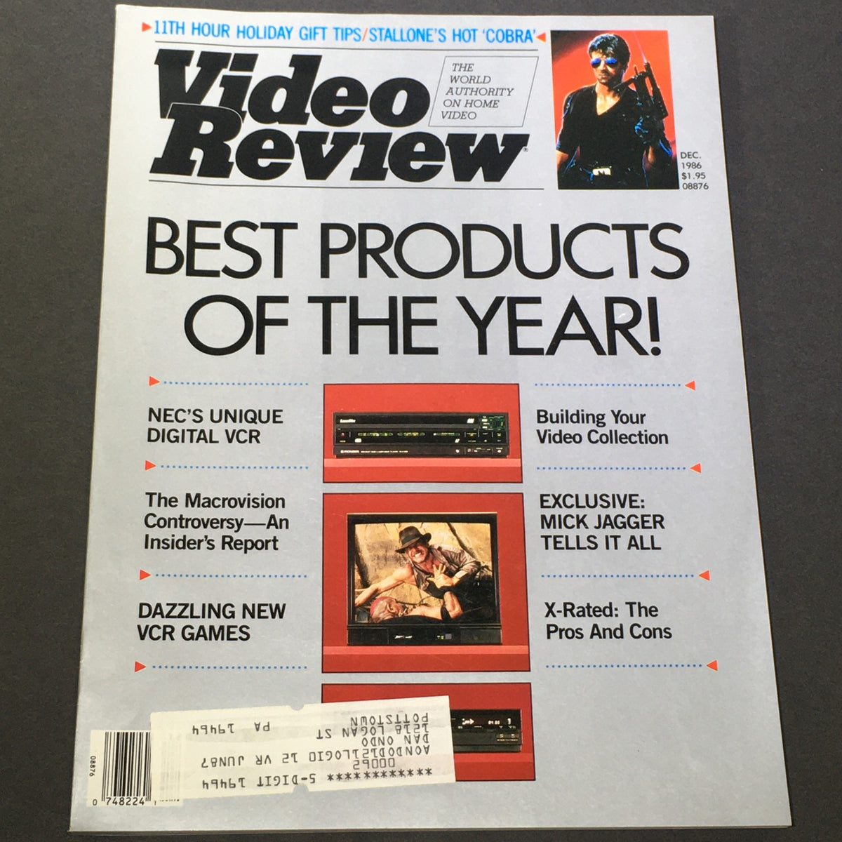 Cover of the December 1986 issue of Video Review Magazine featuring the title 'VTG Video Review Magazine December 1986 - NEC'S Unique Digital VCR / Mick Jagger'. The cover highlights 'Best Products of the Year' with sections on NEC's digital VCR, VCR games, and an exclusive interview with Mick Jagger.