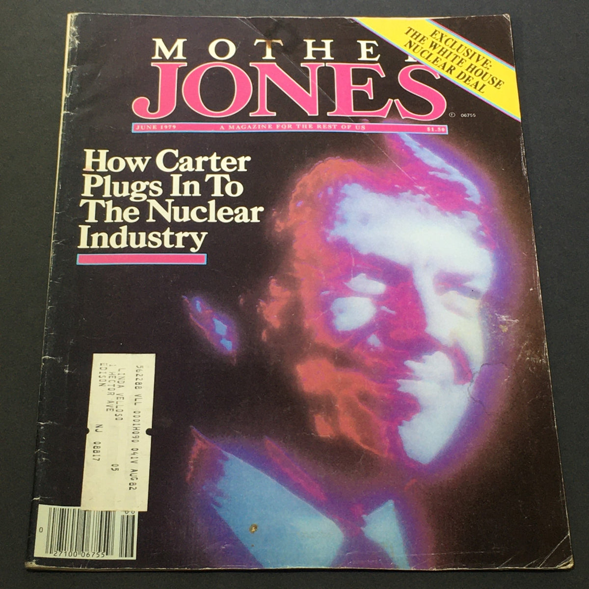 Cover of VTG Mother Jones Magazine June 1979 featuring an article on Jimmy Carter and the Nuclear Industry, showcasing a vibrant graphic design.
