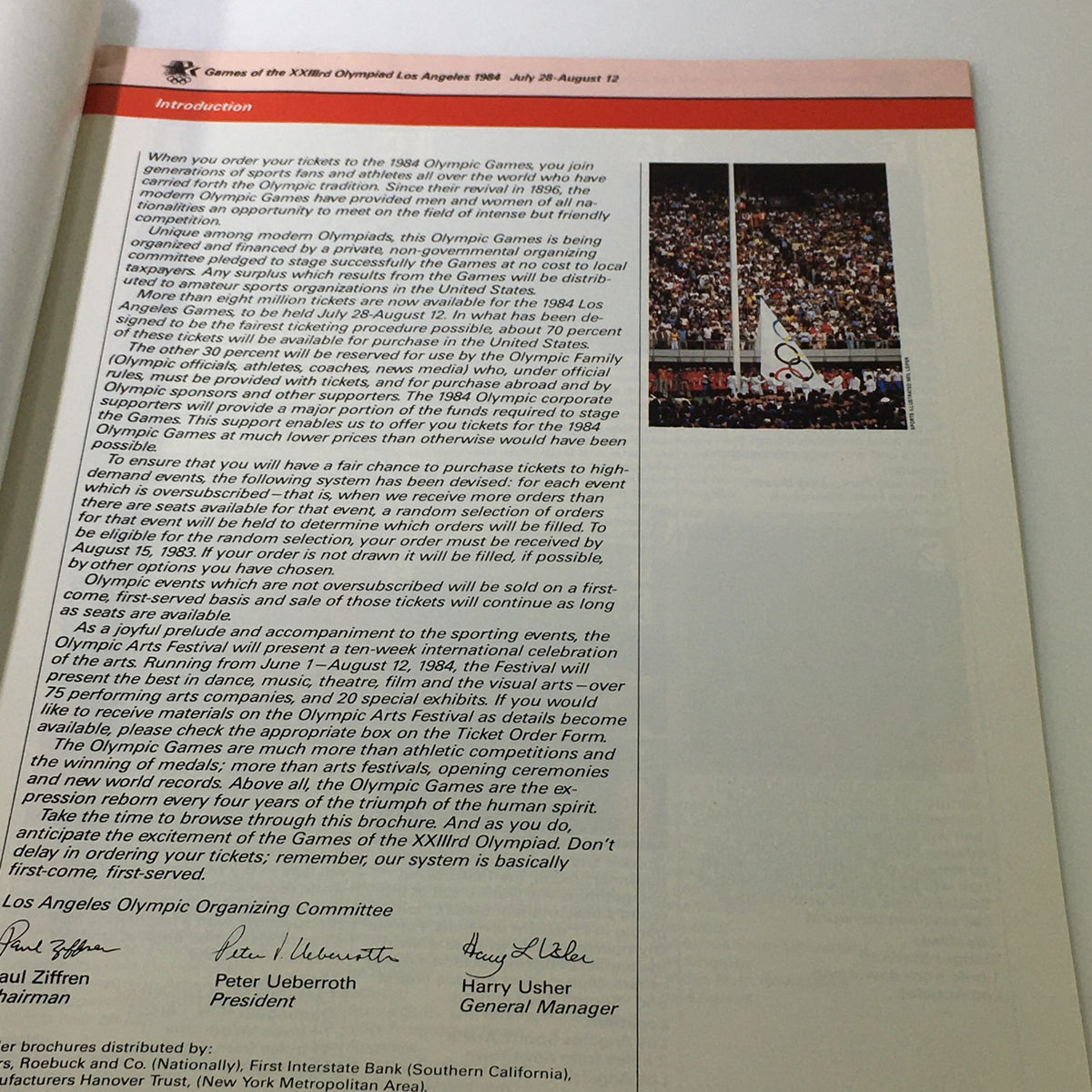 Introduction page of the VTG Official 1984 Ticket Order Form for the Games of the XXIIIrd Olympiad, Los Angeles, featuring a message from the Los Angeles Olympic Organizing Committee.