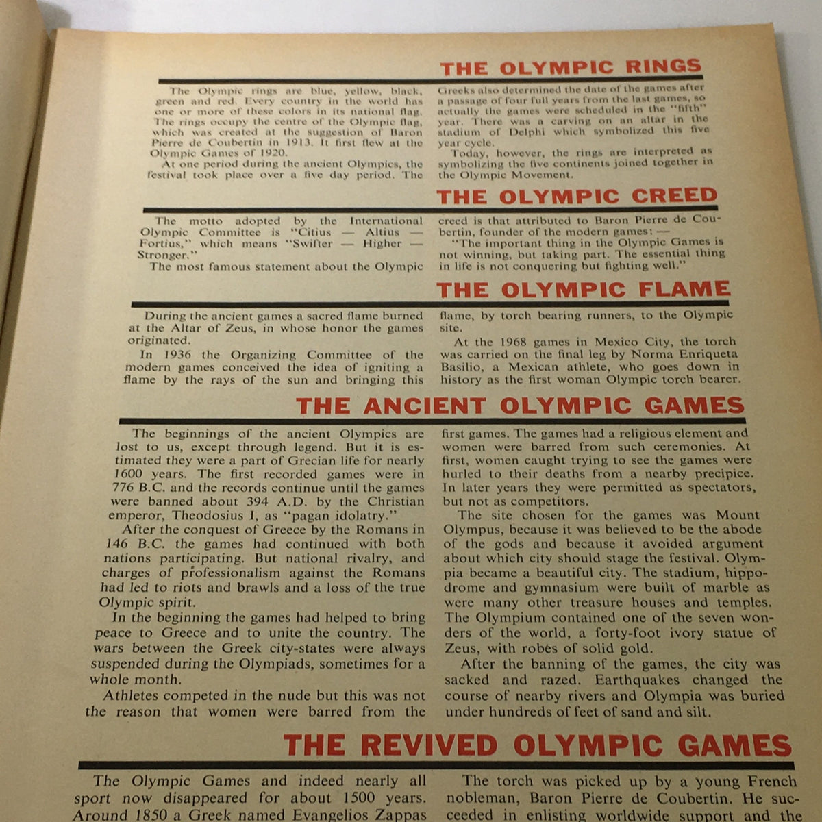 Interior page from VTG 1972 The Summer Olympic Games magazine discussing the Olympic Rings and Creed.