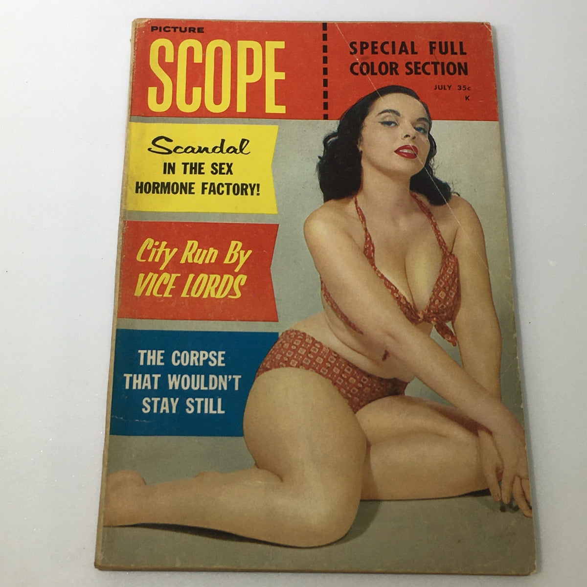 Cover of VTG Picture Scope Magazine Vol. 6 #5 July 1958 featuring a woman in a swimsuit, highlighting a scandal and articles about city crime.