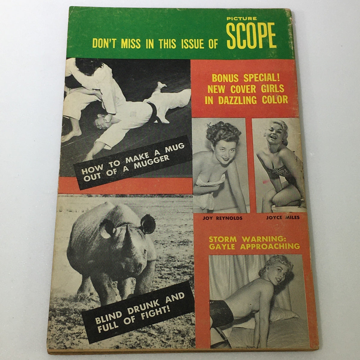 Back cover of VTG Picture Scope Magazine Vol. 6 #5 July 1958, showcasing articles and photo highlights from the issue including Joy Reynolds and Joyce Miles.