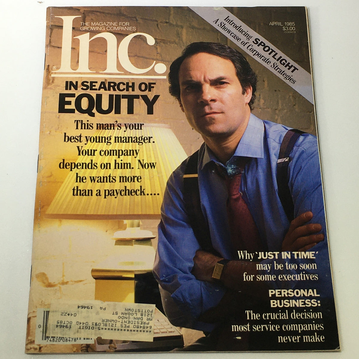 VTG Inc. Magazine for Growing Companies April 1985 cover featuring a young manager and the headline 'In Search of Equity' with insights on corporate strategies.