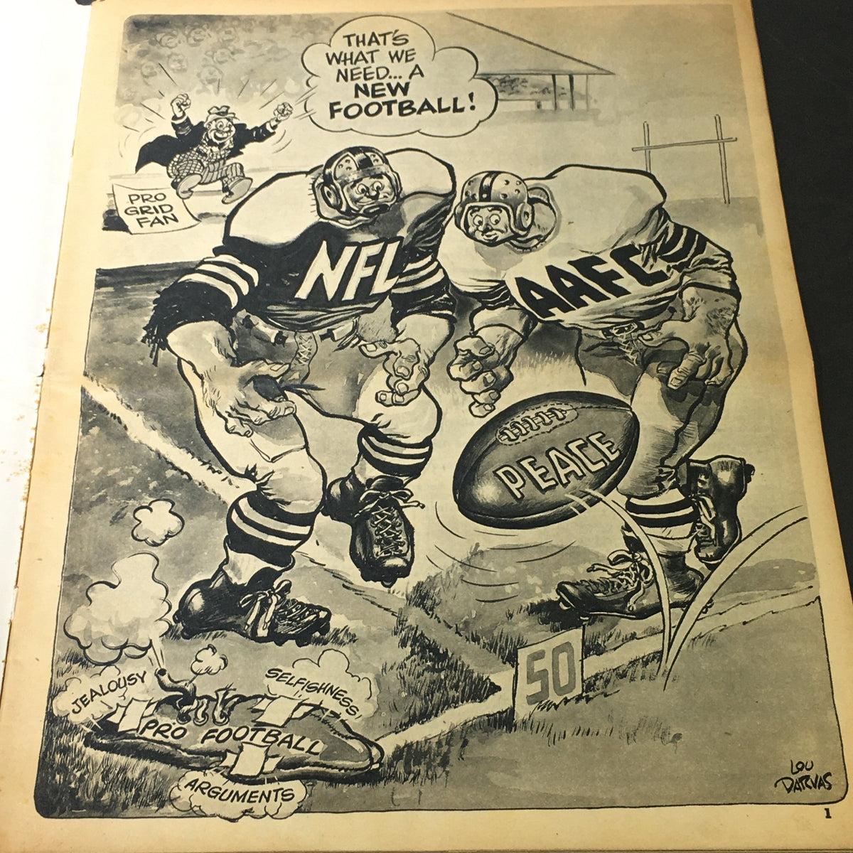 Cartoon illustration inside VTG Sports Review Pro Football Illustrated Vol. 9 #4 from 1949, depicting a humorous take on NFL and AAFC players.