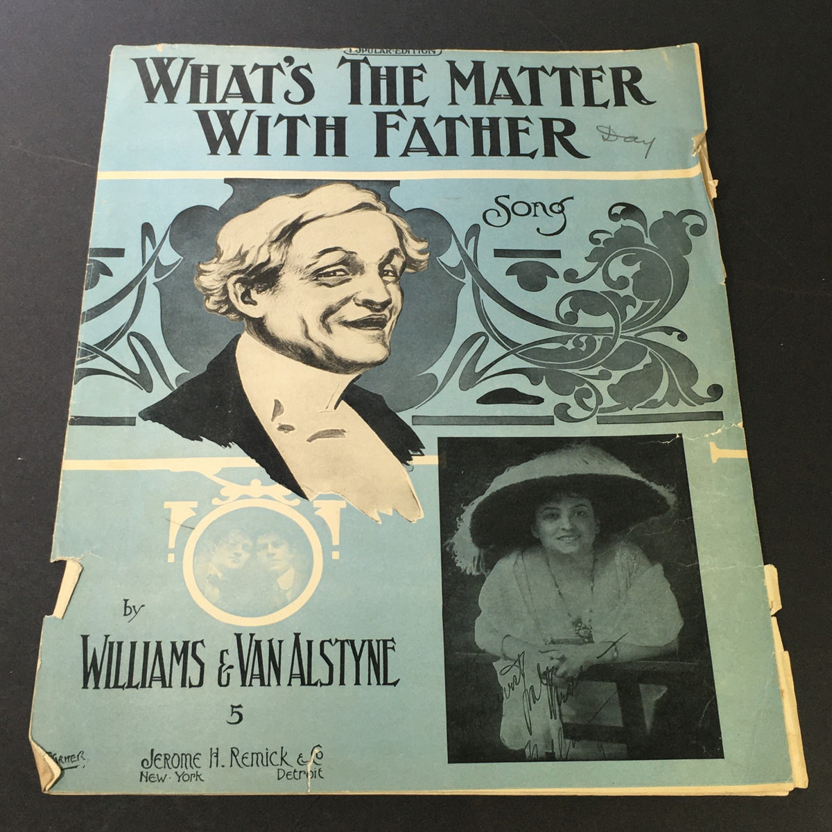 Vintage sheet music cover for 'What's The Matter With Father' song by Williams & Van Alstyne, showcasing a whimsical design and illustrations.
