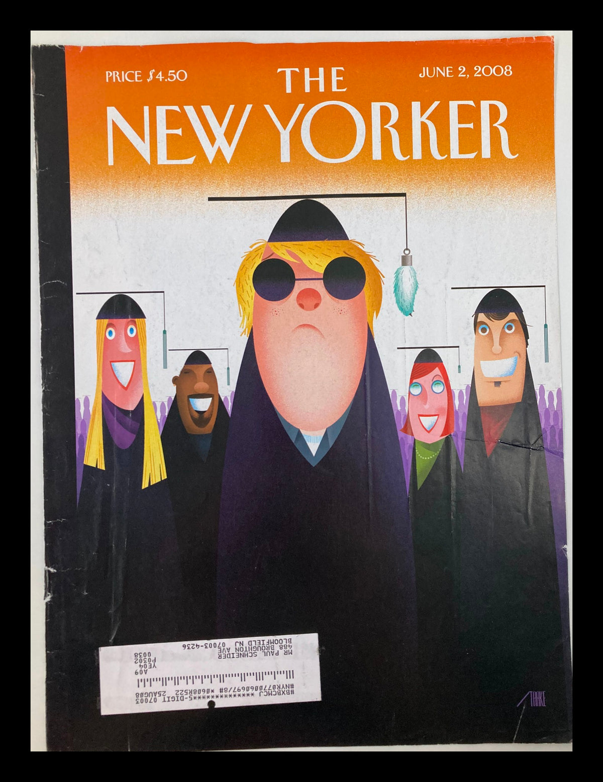 Cover art from The New Yorker dated June 2, 2008, titled 'Foot in the Door' by Bob Staake, featuring colorful characters with exaggerated expressions against a vibrant orange background.