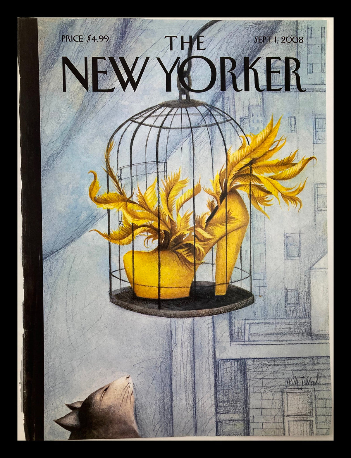 Cover of The New Yorker, September 1, 2008, titled 'Object of Desire' by Ana Juan, featuring a striking illustration of a birdcage and yellow high-heeled shoe.